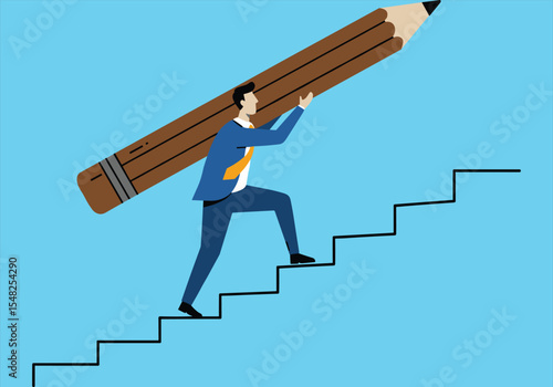 Business professional climbing stairs with a giant pencil, symbolizing career growth, education, writing success, learning, and overcoming challenges to achieve goals, hard work pays off