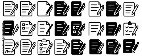 Document pen icon set, form icons in outline style, line and filled design, office symbols, writing tools, business interface, user interface elements, vector illustration.