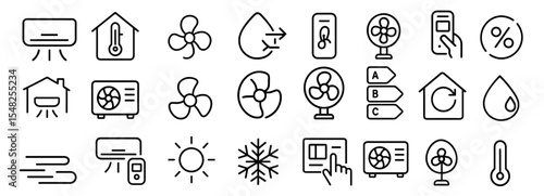 Air conditioner icons set, stroke outline editable, isolated on white background, cooling system, ventilation, fan, climate control, summer, appliance, temperature, vector illustration.