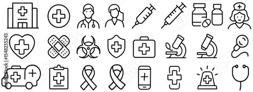 Medical and hospital icons set, editable stroke outline style, healthcare equipment, emergency, clinic tools, surgery symbols, isolated vector illustration, flat icon, health care.