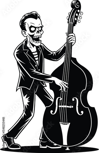 A monochrome illustration of a zombie playing a double bass in a suit against white background