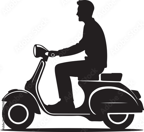 Silhouette of a man riding a vintage scooter, side profile, black and white illustration