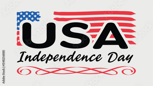 Illustration featuring usa text with american flag elements and independence day script with flourish design