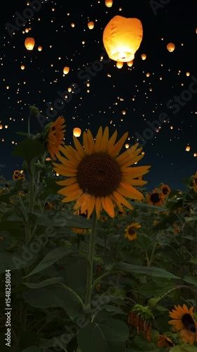 Single bright yellow sunflower stands tall in a field at night, with numerous glowing orange sky lanterns floating among stars. Magical, hopeful scene.