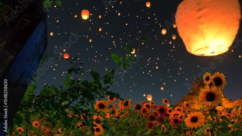 Magical night scene: a field of sunflowers under a starry sky, with numerous glowing orange sky lanterns floating upwards. Fantasy, festive atmosphere.