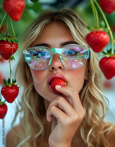 A young woman with wavy hair holds a strawberry close to her mouth, surrounded by hanging strawberries in a lush field. Bright sunlight highlights her playful expression and vibrant glasses.