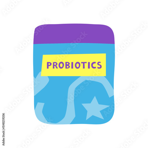Hand drawn flat probiotics supplement in plastic bottle isolated on white background. Healthy intestinal microflora.
