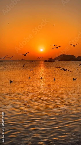 Brilliant golden orange sunset over a calm sea, with numerous seagulls floating on the water and flying. Distant land silhouette. Peaceful coastal scene.