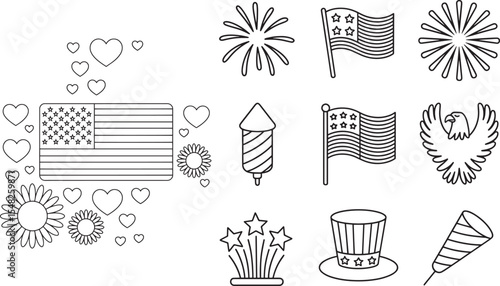 American Flag Hearts Sunflowers Fireworks Eagle Uncle Sams Hat Patriotic Line Art Clipart Graphics stars