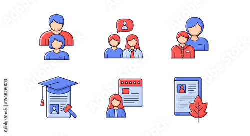 Find family member profile search and job application resume with online education and communication icons