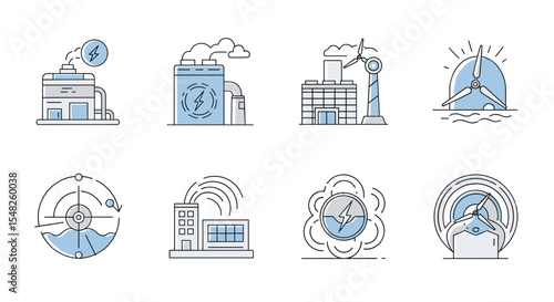 Renewable energy sources and sustainable power generation methods vector icon set for eco friendly future design