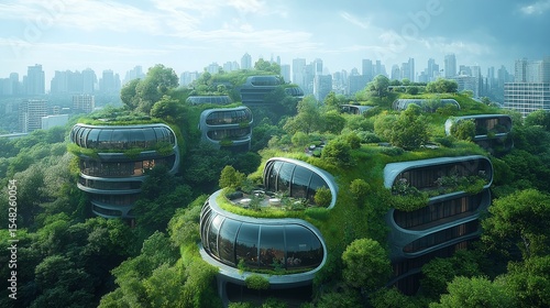 Green sustainable city with futuristic buildings integrated into forest landscape.