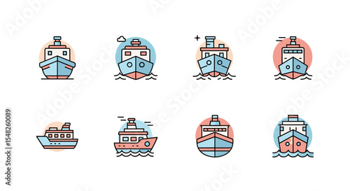 Collection of cute ship icon vector design, cruise ship, cargo ship, boat, vessel, transportation, marine, sea