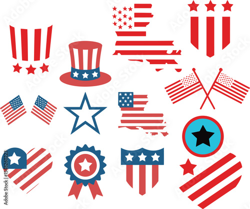 Collection of Red White Blue Patriotic American Symbols Stars Stripes Uncle Sams Hat Flags Hearts Stars