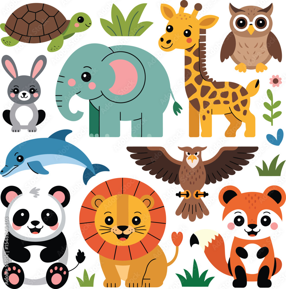 Fototapeta premium Cute Cartoon Animals Set Vector Illustration Sticker Sheet Gray Rabbit Teal Elephant Orange Giraffe Brown Owl