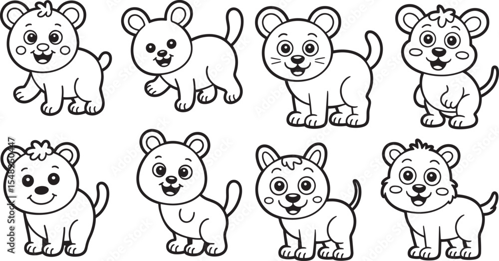 Fototapeta premium Eight Adorable Cartoon Baby Animals Line Art Black and White Simple Stickers cute