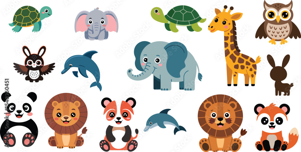 Fototapeta Cute Cartoon Animals Set Vector Illustration Stickers Panda Lion Elephant Giraffe Turtle Dolphin Rabbit Owl 2