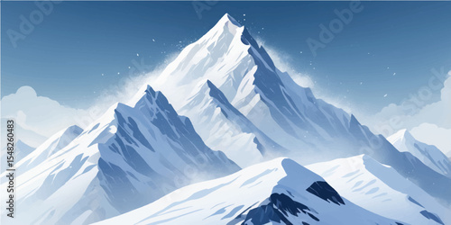 Snow-covered mountain peaks create a breathtaking winter landscape with a high sky view of nature's icy beauty