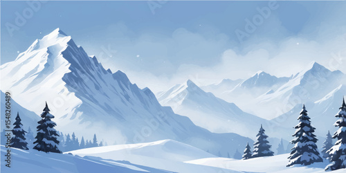 Snowy winter mountain landscape with frosty trees under a cold sky, perfect for a Christmas season panorama view