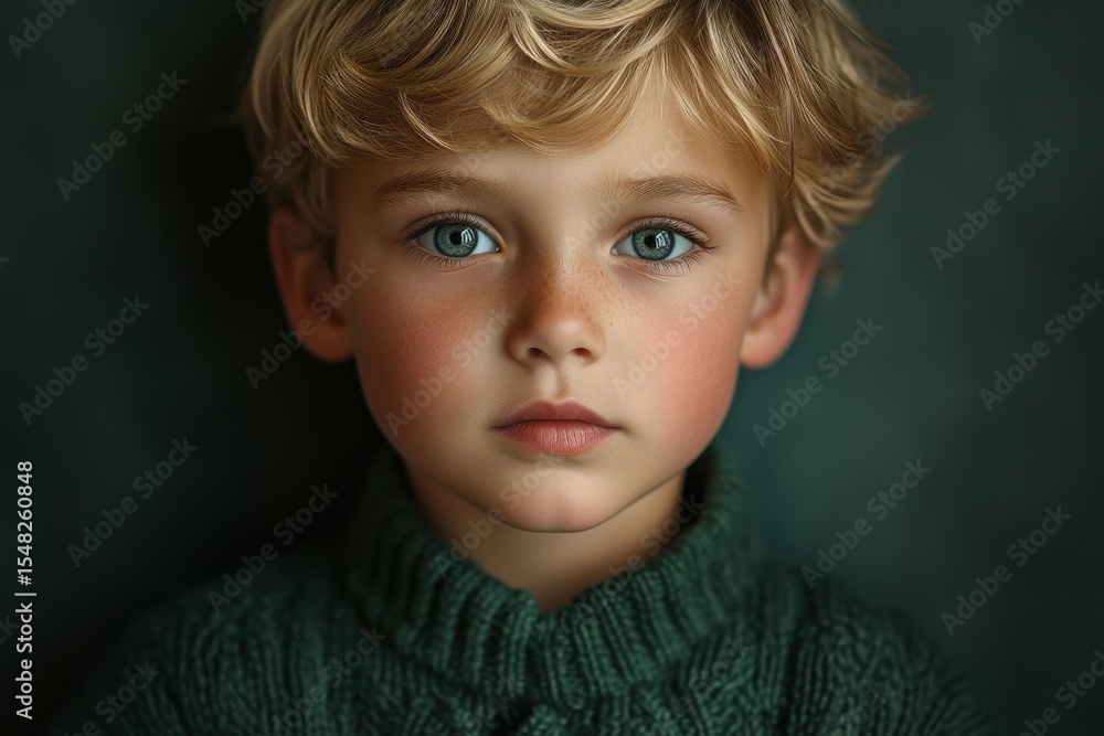 Blond little boy in green sweater gazes thoughtfully against dark backdrop with captivating blue eyes and natural expression Blond little boy in green sweater gazes thoughtfully against dark backdrop with captivating blue eyes and natural expression