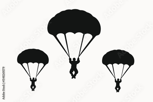 Three Skydivers Under Parachutes Action Sports Silhouette Illustration