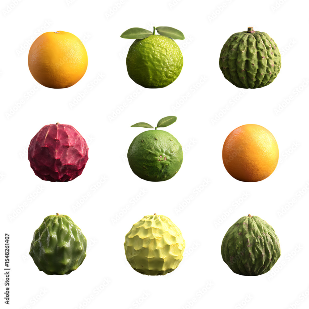 Fototapeta premium Three Rows of Textured and Colored Citrus Fruits on transparent Background.