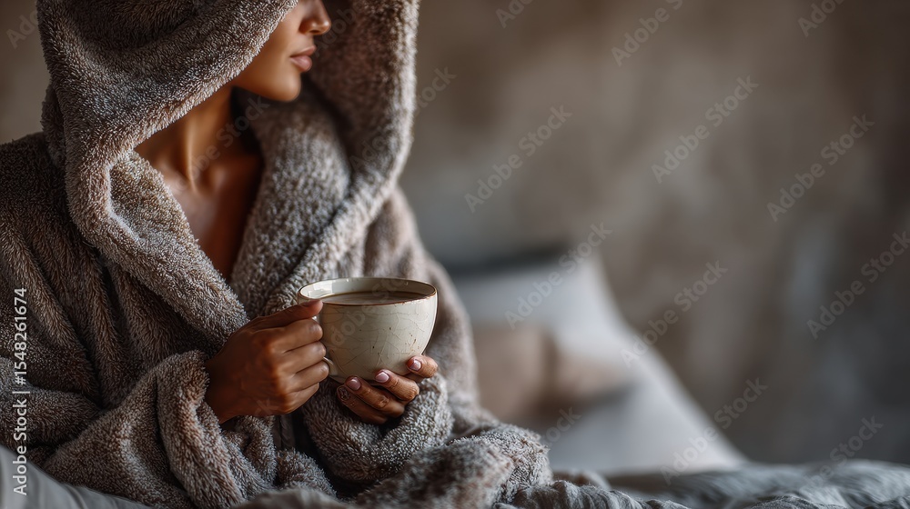 Woman wrapped in towel drinks hot beverage in bed during cozy morning routine, capturing comfort and relaxation Woman wrapped in towel drinks hot beverage in bed during cozy morning routine, capturing comfort and relaxation