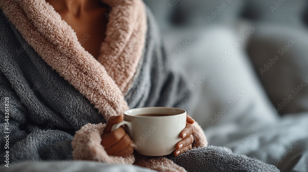 Woman wrapped in towel drinks hot beverage in bed during cozy morning routine, capturing comfort and relaxation Woman wrapped in towel drinks hot beverage in bed during cozy morning routine, capturing comfort and relaxation