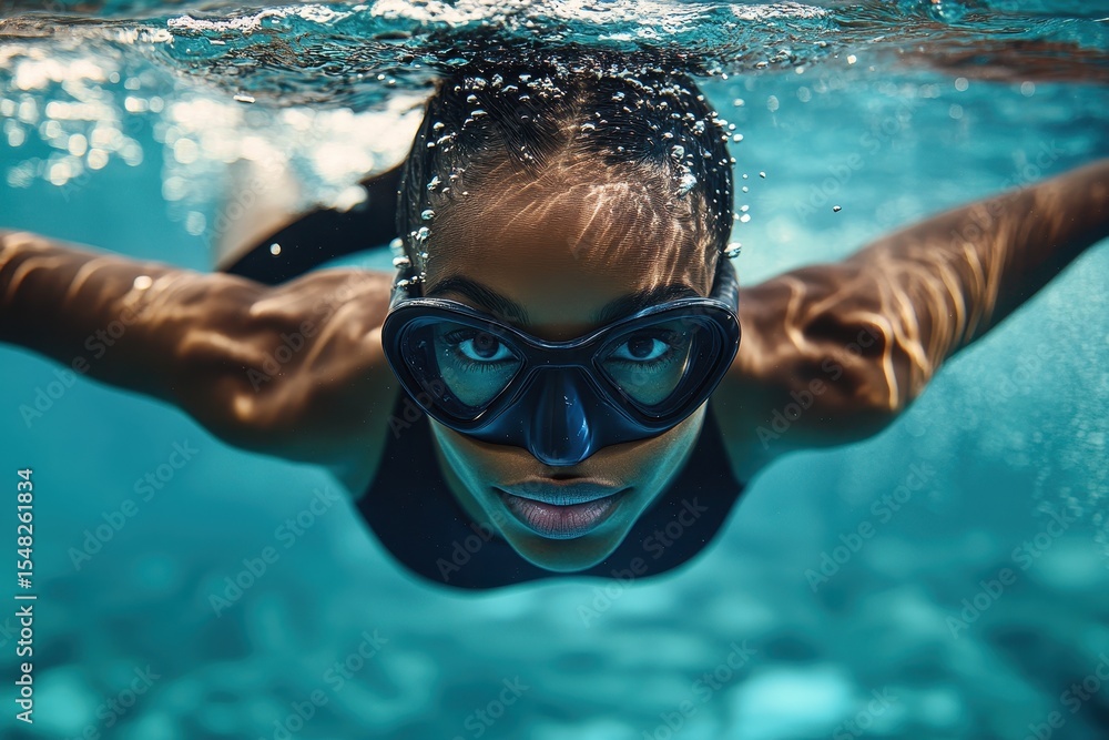 Naklejka premium Sporty woman swims gracefully underwater with fins while wearing a mask in a clear blue ocean, showcasing her strength and determination during the day