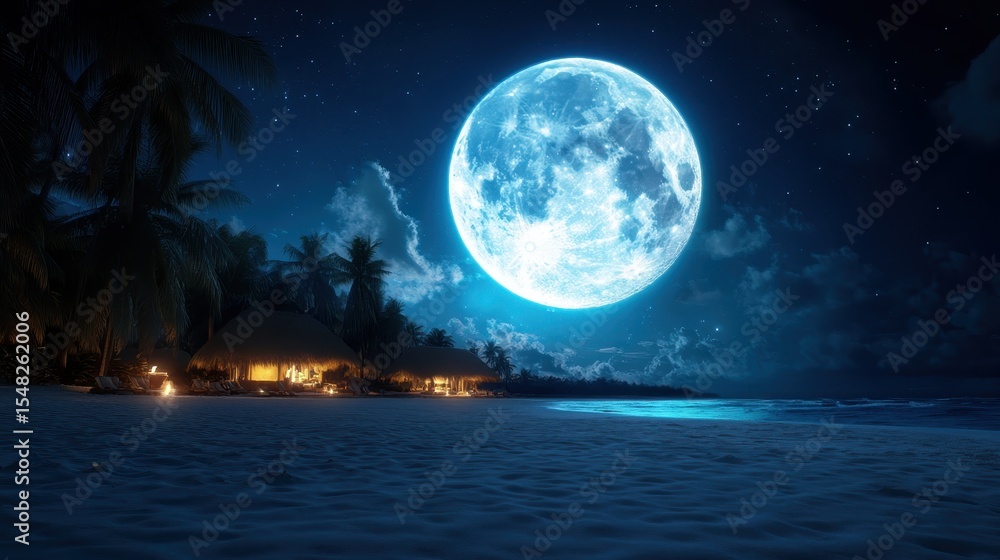 Fototapeta premium A captivating beach scene illuminated by a bright moon, providing a magical atmosphere beneath the starry sky, inviting tranquility and peaceful reflection by the shore.