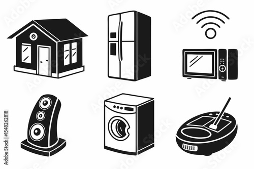 Home appliances and smart technology devices isolated on white background