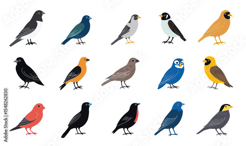 Set of sixteen colorful city bird icons in flat minimalist vector style including sparrow, pigeon, robin, crow, blue jay, goldfinch, and other common urban birds standing sideways on white background