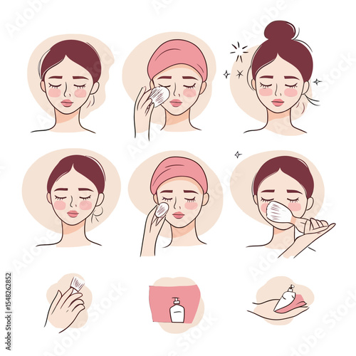 Woman facial skin care routine cleansing with cotton pad and moisturizer application step by step beauty treatment flat vector illustration set