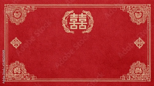 Traditional chinese red invite with double happiness symbol and elegant gold patterns