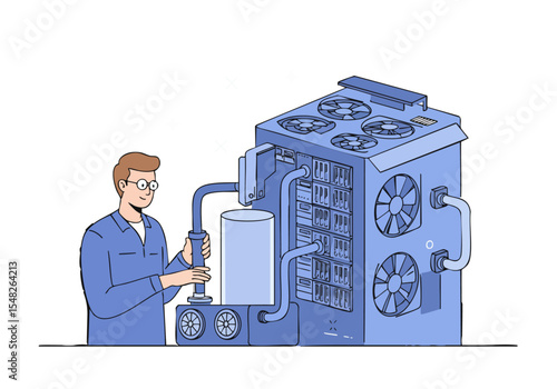A technician maintains a powerful server rack with cooling systems. A man adjusts a pipe, showcasing server technology and efficient cooling. Modern, professional setting.