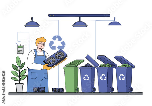 A male technician sorts discarded graphics cards, emphasizing responsible e-waste recycling. Modern illustration style, clean design, and a focus on sustainability.