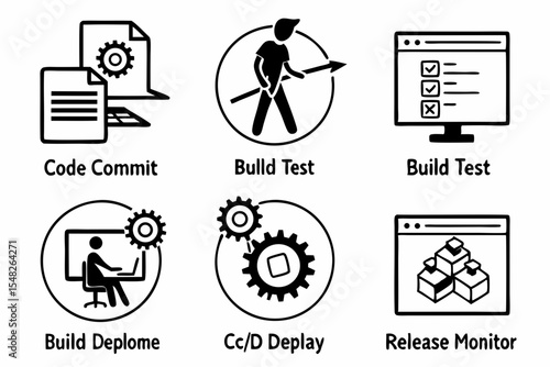 Code commit build test and release icons isolated on white background