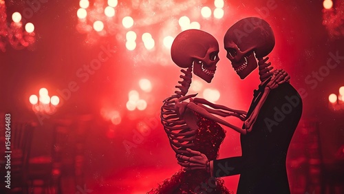 Two skeletons dance gracefully in a crimson ballroom, bathed in dramatic red light, creating a striking and gothic atmosphere
