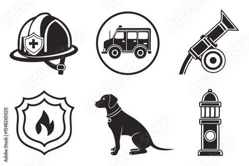 Firefighter and rescue icons isolated on white background