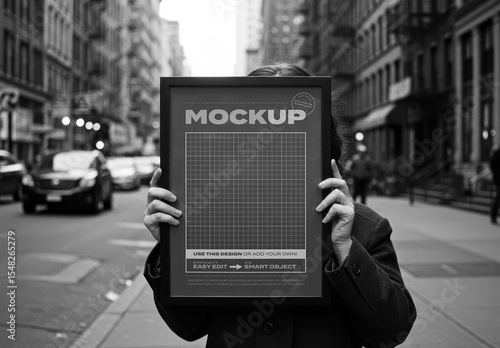 Black and White Old Photo of Woman Holding Poster Mockup