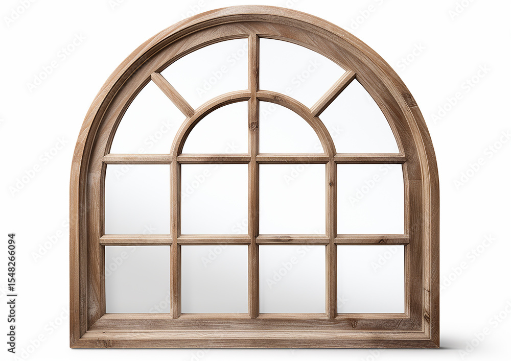 Obraz premium An arched wooden window with double-glazed panes against a white background