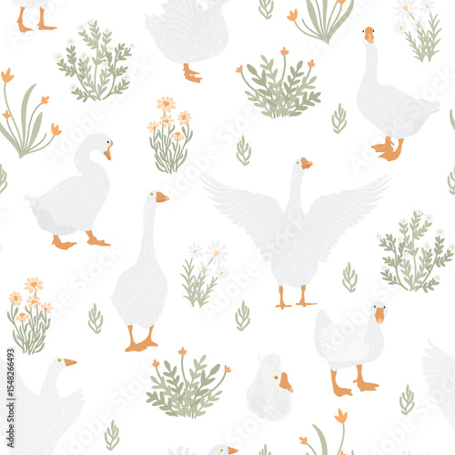 Geese on the meadow, aesthetic cottage core seamless pattern