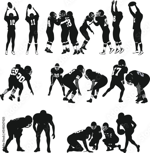 American football players in action depicting various football plays during a game in a silhouette style