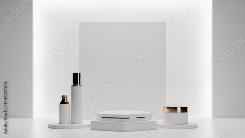Spacious, clean, and luxurious empty white bathroom with modern design and a large mirror above the sink