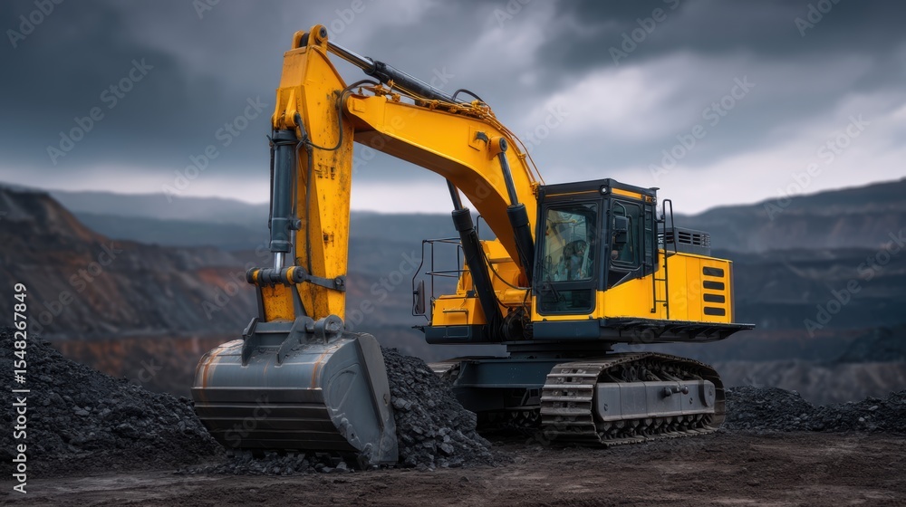 Yellow Excavator Stands Ready At A Vast Open Pit Coal Mine A Powerful Symbol Of Industry Mining Operations Heavy Machinery And Resource Extraction Yellow Excavator Stands Ready At A Vast Open Pit Coal Mine A Powerful Symbol Of Industry Mining Operations Heavy Machinery And Resource Extraction