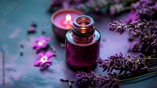 Lavender essential oil bottle with candle and flowers on a serene background, creating a calming atmosphere