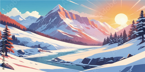 Breathtaking alpine panorama of a snowy winter mountain landscape under a vast sky, showcasing high peaks and glaciers