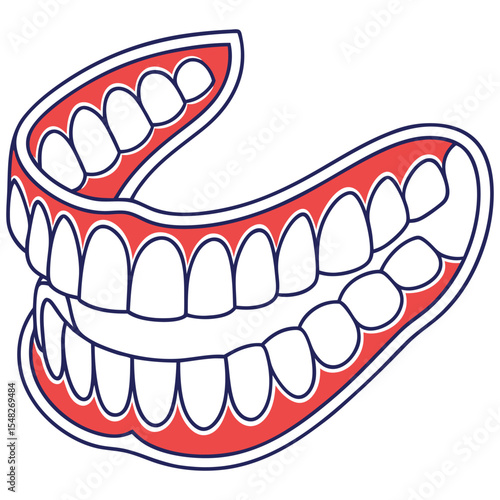 False teeth set illustration with red gums and dark blue outline