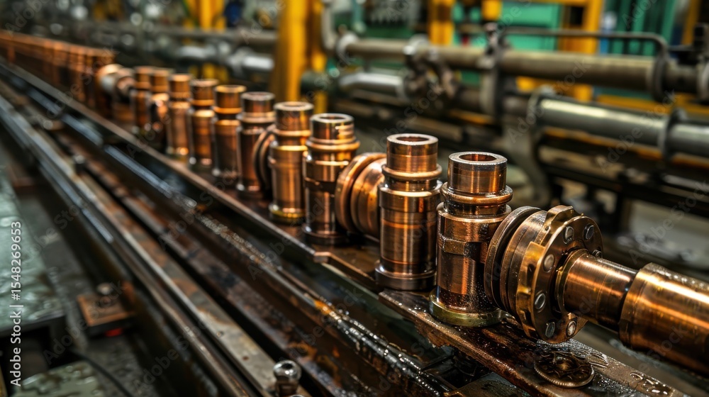 An intricate view of industrial machinery featuring copper components in a manufacturing facility, showcasing the efficiency and technological advancements of modern production. An intricate view of industrial machinery featuring copper components in a manufacturing facility, showcasing the efficiency and technological advancements of modern production.