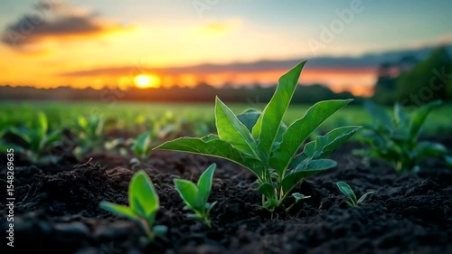 Lush green tea seedlings sprouting in rich soil during a vibrant sunset in a serene field